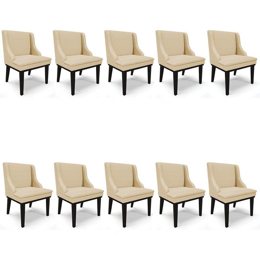 Kit 10 Cadeiras Estofadas para Sala de Jantar Base Fixa de Madeira Preto Lia Veludo Luxo Off White - Ibiza