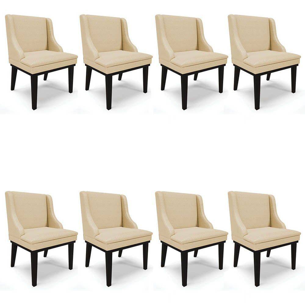 Kit 8 Cadeiras Estofadas para Sala de Jantar Base Fixa de Madeira Preto Lia Veludo Luxo Off White - Ibiza