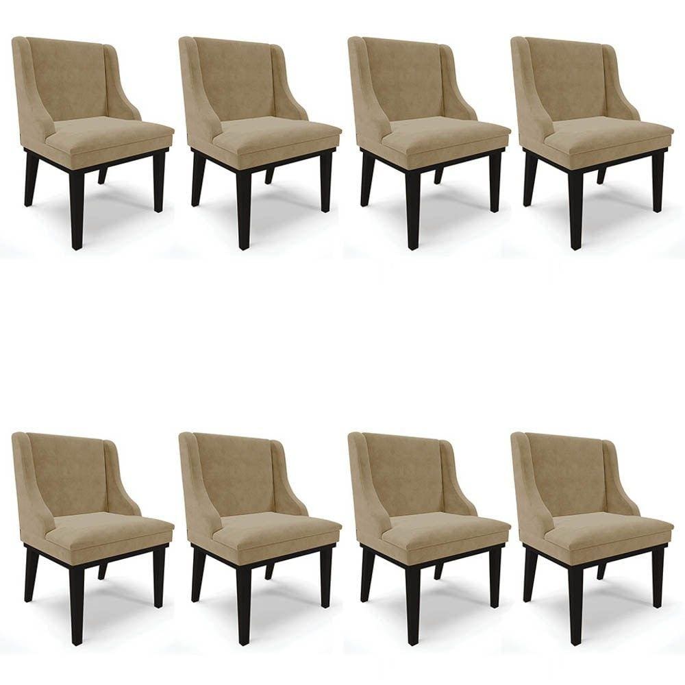 Kit 8 Cadeiras Estofadas para Sala de Jantar Base Fixa de Madeira Preto Lia Suede Marrom RT - Ibiza