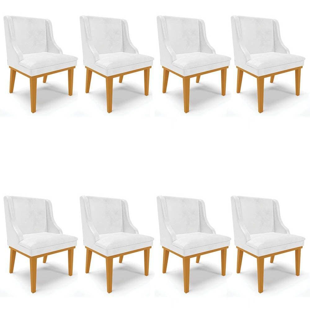 Kit 8 Cadeiras Estofadas Base Fixa de Madeira Castanho Lia Sintético Premium Branco - Ibiza