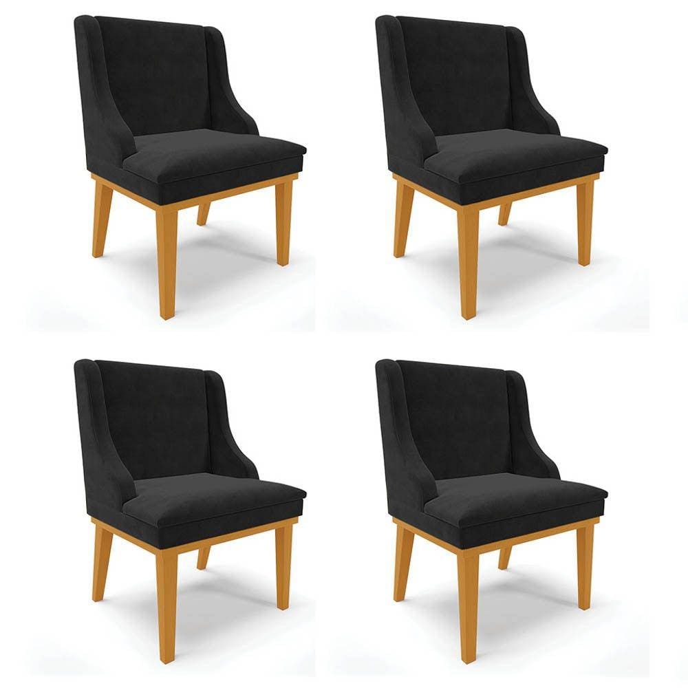 Kit 4 Cadeiras Estofadas para Sala de Jantar Base Fixa de Madeira Castanho Lia Suede Preto - Ibiza