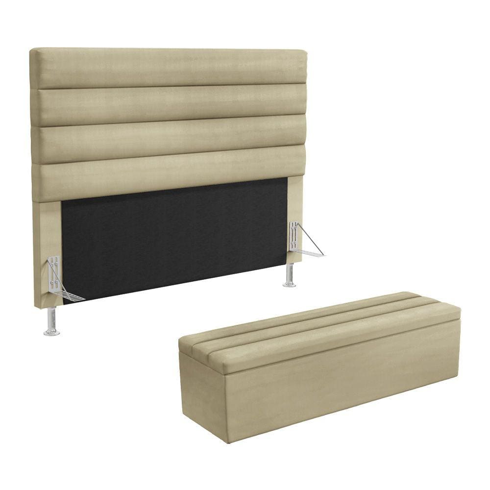 Cabeceira Atlas e Calçadeira Baú Ursa 160 para Cama Queen A-017 Couro Bege Aradecor
