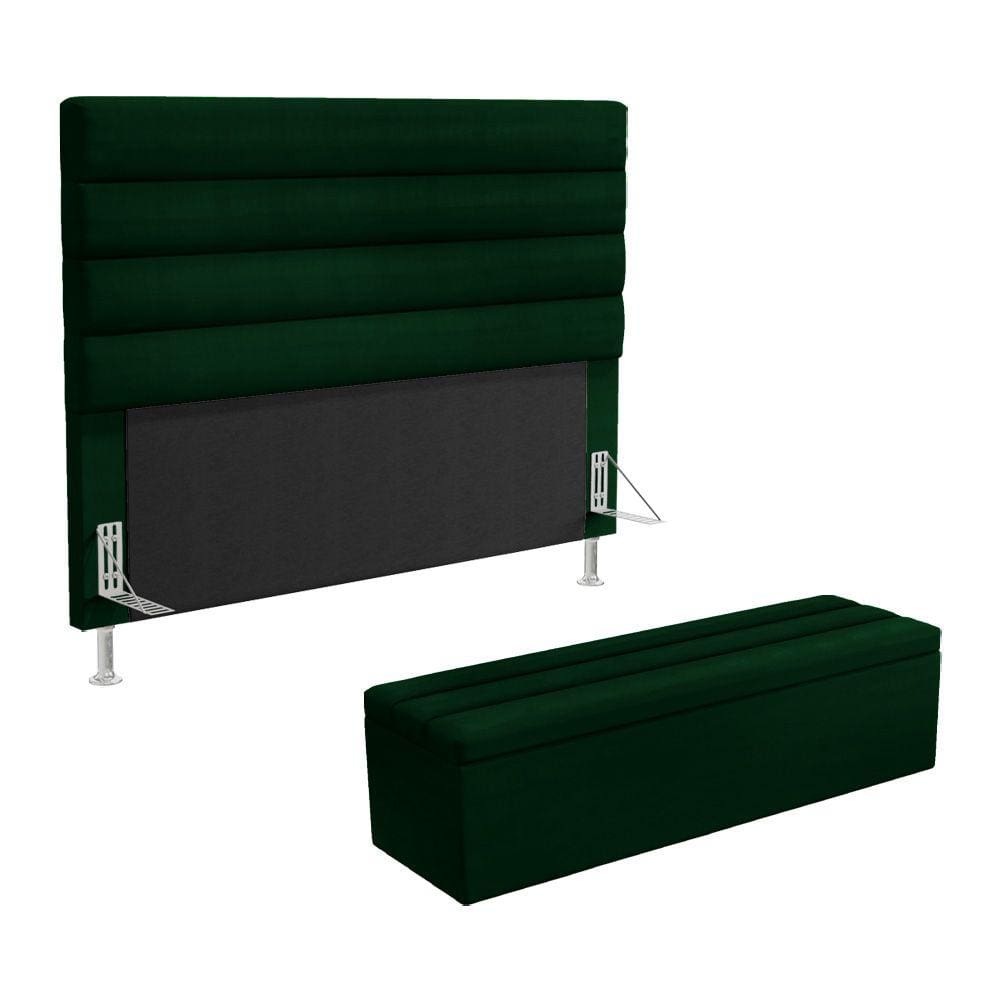 Cabeceira Atlas e Calçadeira Baú Ursa 140 para Cama de Casal N-026 Veludo Verde Aradecor