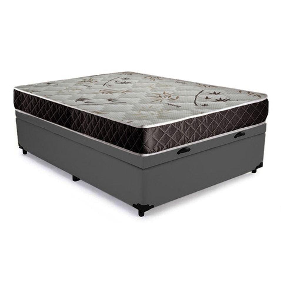 Cama Box Baú Casal Conforto Sintético Cinza + Colchão Casal Conforto Espuma D33 Com EPS 24x138x188