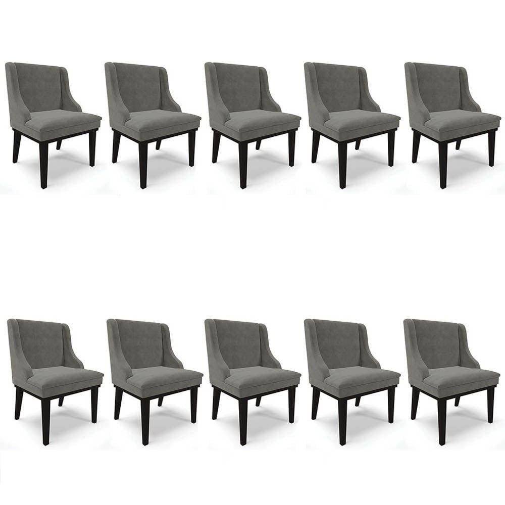 Kit 10 Cadeiras Estofadas para Sala de Jantar Base Fixa de Madeira Preto Lia Suede Grafite - Ibiza