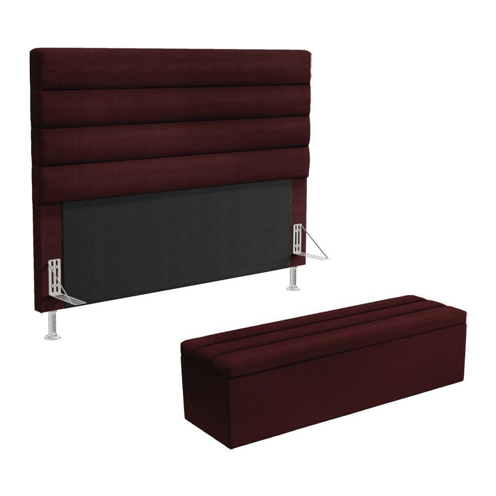 Cabeceira Atlas e Calçadeira Baú Ursa 140 para Cama de Casal Z-002 Sued Bordô Aradecor