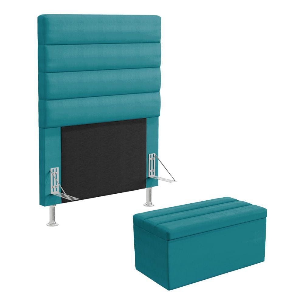Cabeceira Atlas e Calçadeira Baú Ursa 90 para Cama de Solteiro Z-016 Sued Azul Turquesa Aradecor