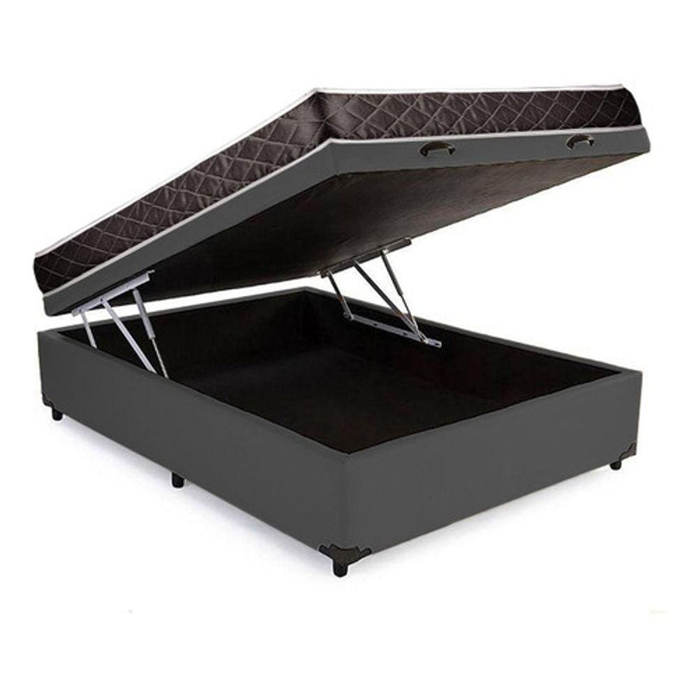 Cama Box Baú Casal Conforto Sintético Cinza + Colchão Casal Conforto Espuma D33 Com EPS 20x138x188