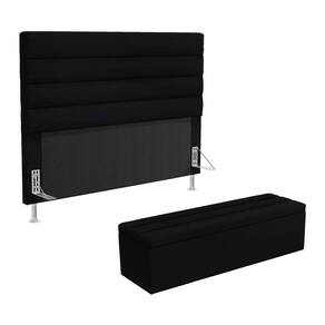 Cabeceira Atlas e Calçadeira Baú Ursa 160 para Cama Queen N-024 Veludo Preto Aradecor