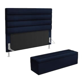 Cabeceira Atlas e Calçadeira Baú Ursa 195 para Cama King N-025 Veludo Azul Marinho Aradecor