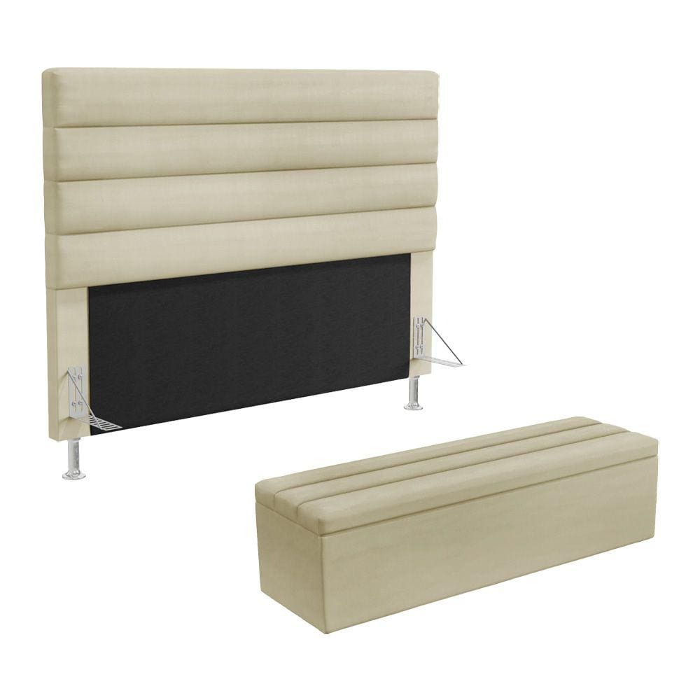 Cabeceira Atlas e Calçadeira Baú Ursa 140 para Cama de Casal Z-003 Sued Bege Aradecor