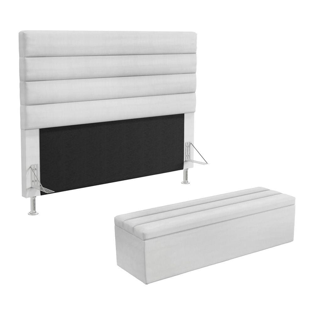 Cabeceira Atlas e Calçadeira Baú Ursa 140 para Cama de Casal A-013 Couro Branco Aradecor