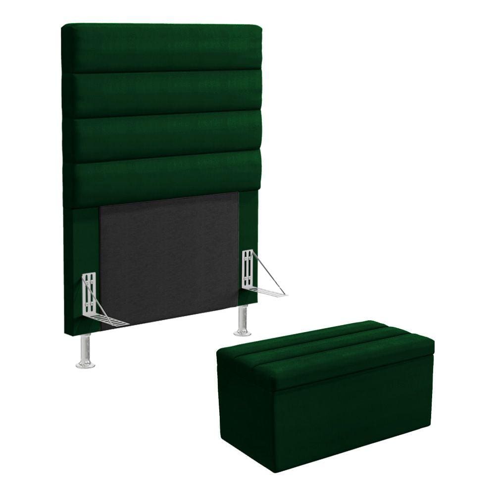 Cabeceira Atlas e Calçadeira Baú Ursa 90 para Cama de Solteiro N-026 Veludo Verde Aradecor