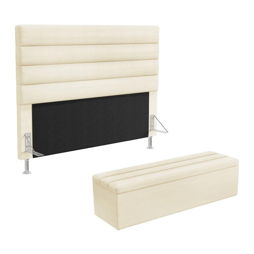 Cabeceira Atlas e Calçadeira Baú Ursa 160 para Cama Queen N-030 Veludo Bege Aradecor
