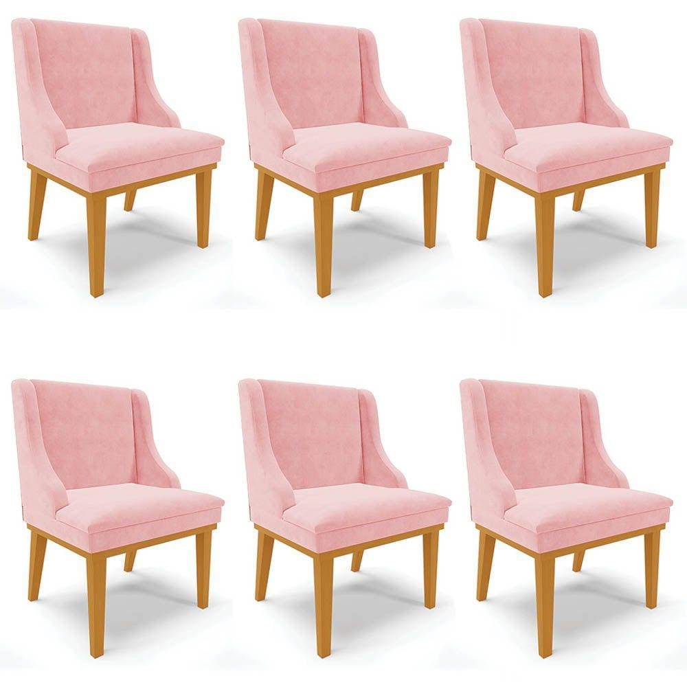 Kit 6 Cadeiras Estofadas para Sala de Jantar Base Fixa de Madeira Castanho Lia Suede Rosa bebê - Ibiza