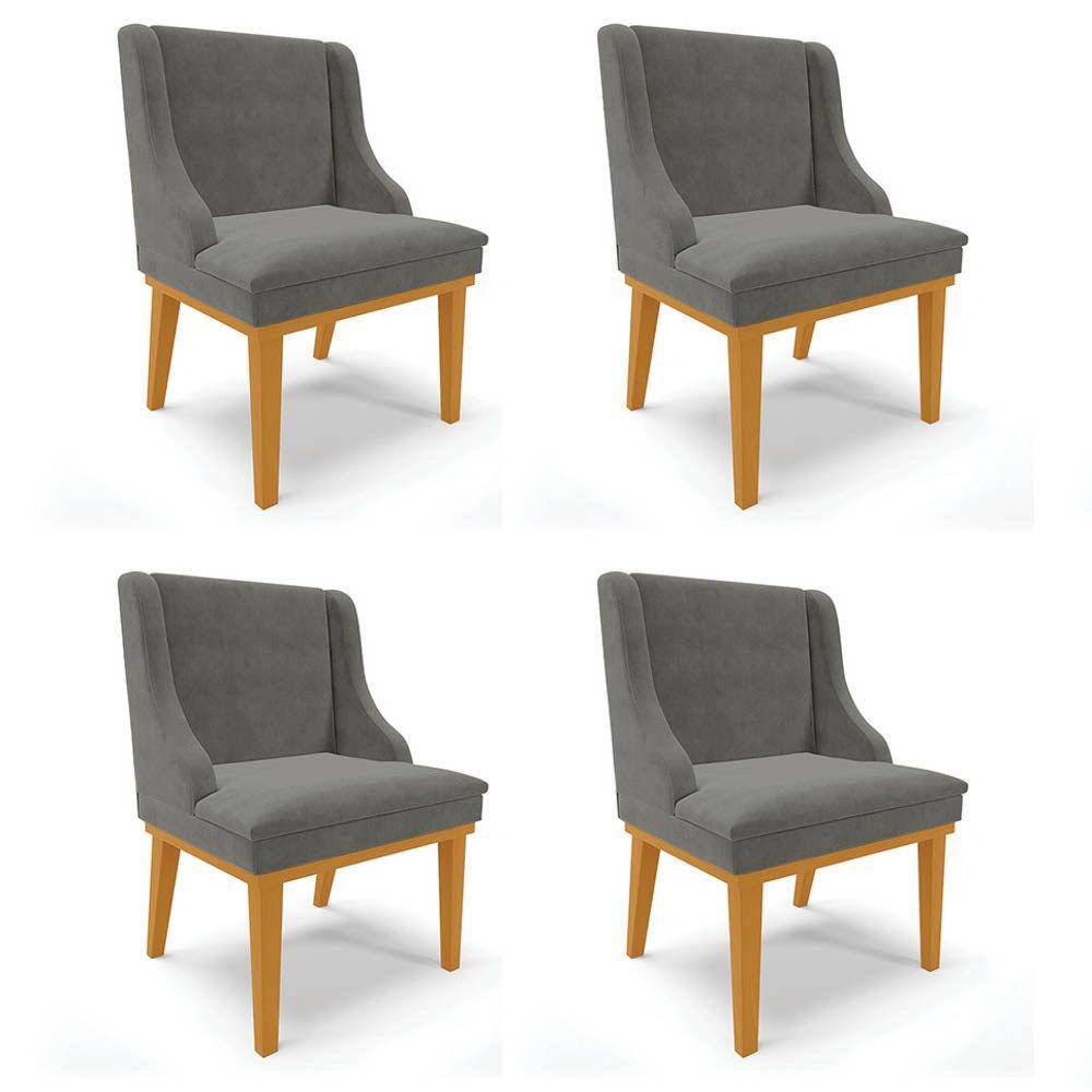 Kit 4 Cadeiras Estofadas para Sala de Jantar Base Fixa de Madeira Castanho Lia Suede Grafite - Ibiza