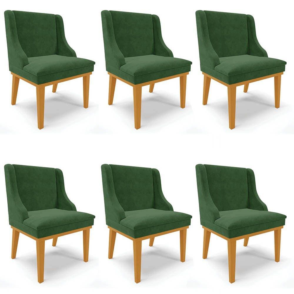 Kit 6 Cadeiras Estofadas para Sala de Jantar Base Fixa de Madeira Castanho Lia Suede Verde - Ibiza