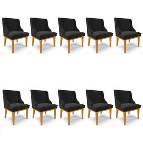 Kit 10 Cadeiras Estofadas para Sala de Jantar Base Fixa de Madeira Castanho Lia Suede Preto - Ibiza