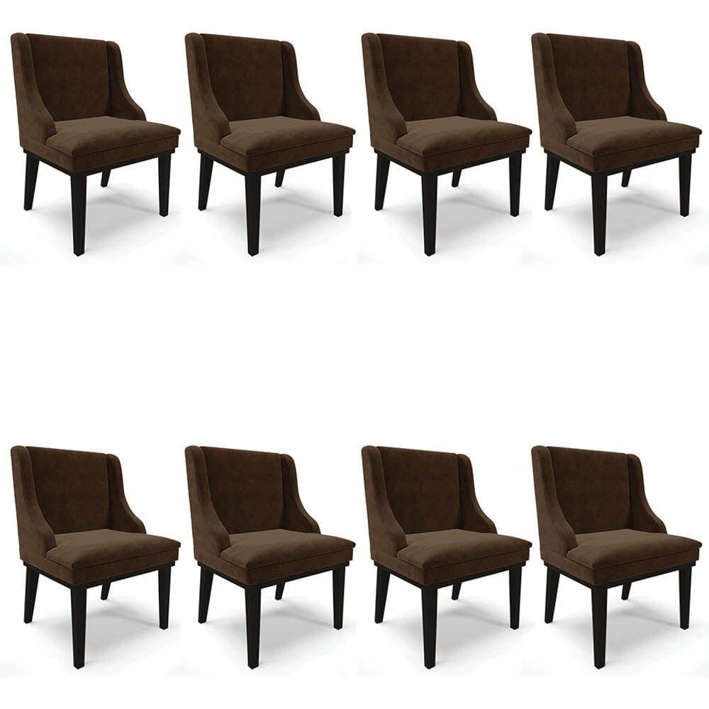Kit 8 Cadeiras Estofadas para Sala de Jantar Base Fixa de Madeira Preto Lia Suede Marrom - Ibiza