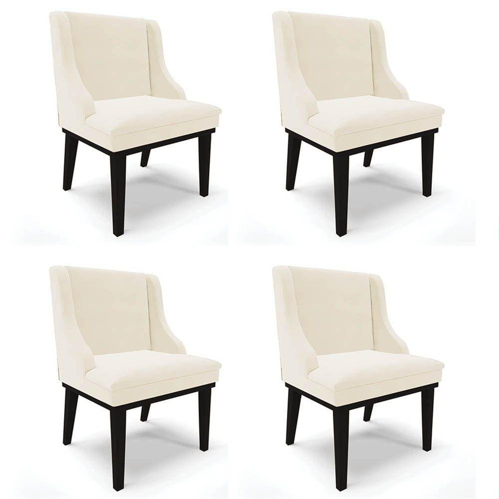Kit 4 Cadeiras Estofadas para Sala de Jantar Base Fixa de Madeira Preto Lia Veludo Bege - Ibiza