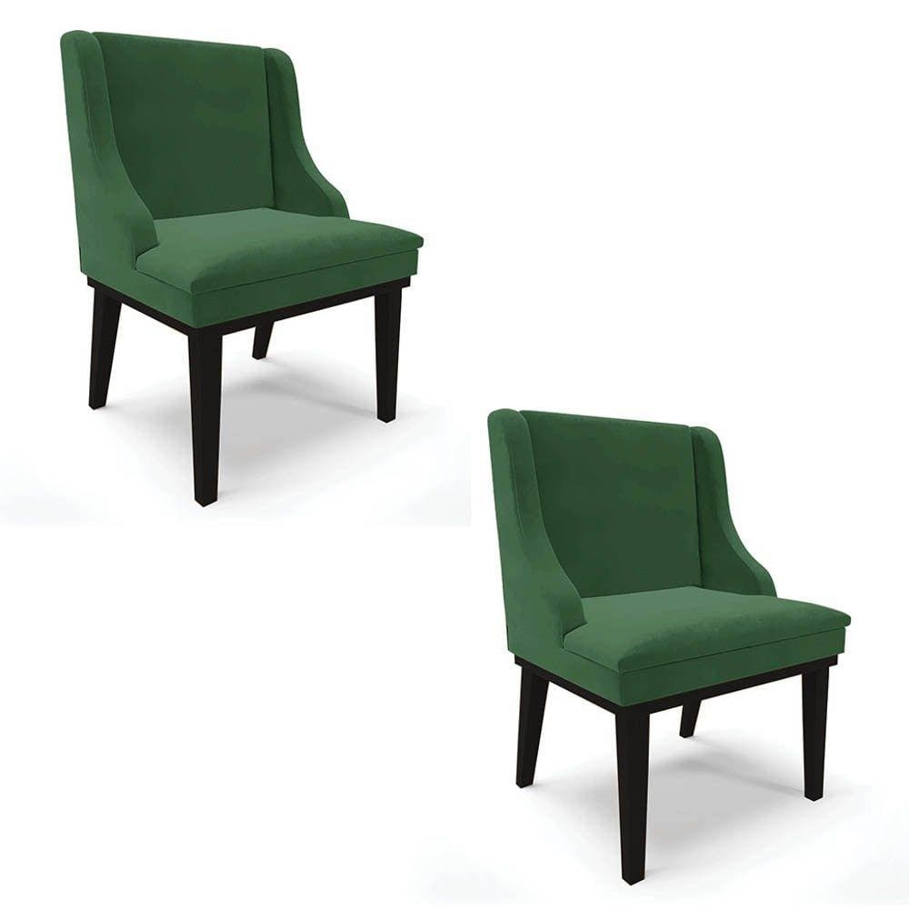 Kit 2 Cadeiras Estofadas para Sala de Jantar Base Fixa de Madeira Preto Lia Veludo Verde - Ibiza