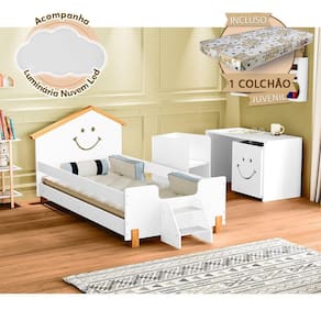 Cama Com Colchão Juvenil Smile Infantil Alegra Branca E Amêndoa Luminária Led Branco
