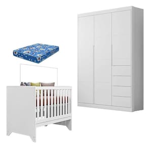 Berço Americano Retro Maya e Guarda Roupa Infantil Eloá Branco Acetinado com Colchão Ortobom - Phoenix Baby