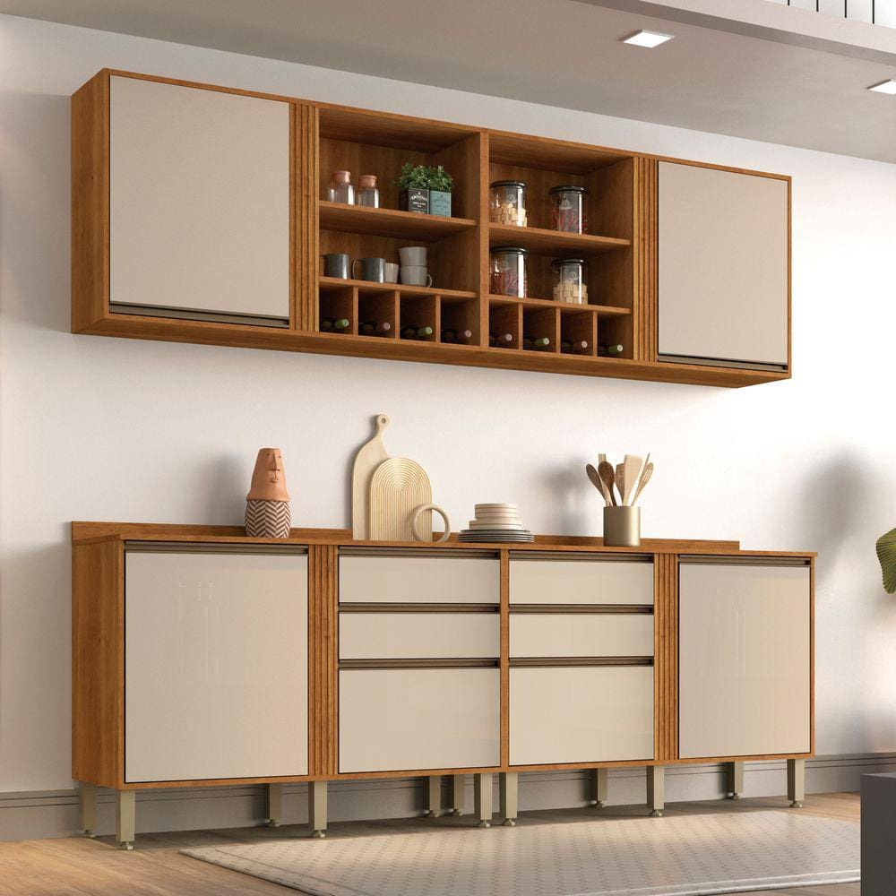 Cozinha Compacta 4 Peças 6 Portas 4 Gavetas Pérola Sallêto Móveis - Cinamomo/Off