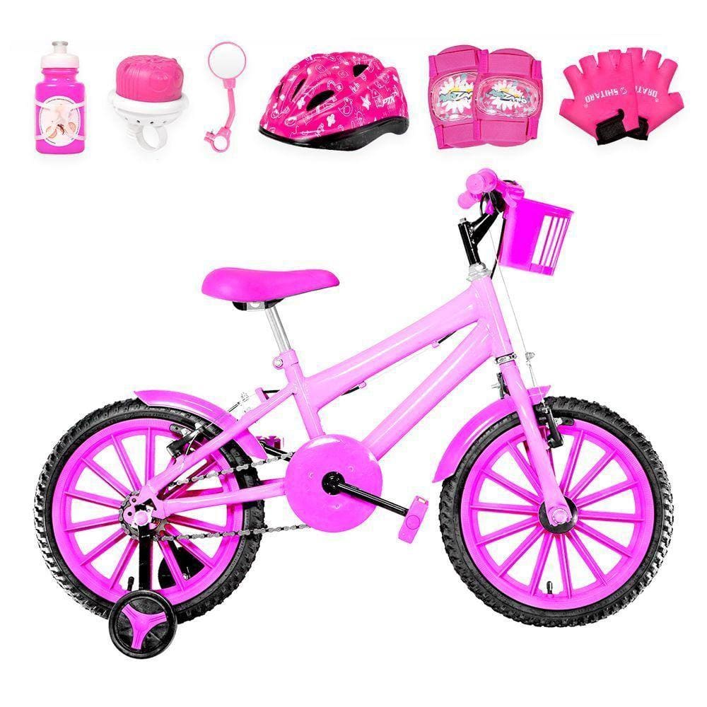 Bicicleta Infantil Aro 16 Nylon + Kit Proteção Rosa e Pink