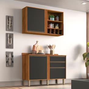 Cozinha Compacta 2 Peças 3 Portas 2 Gavetas Pérola Sallêto Móveis - Cinamomo/Grafite