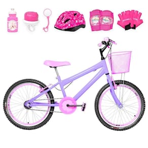 Bicicleta Infantil Aro 20 Aero + Kit Proteção Lilás e Rosa