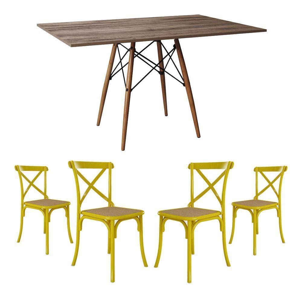 Conjunto De Mesa Eiffel Retangular Tampo De Madeira 120X75Cm Amêndoa Com 4 Cadeiras Katrina Amarela