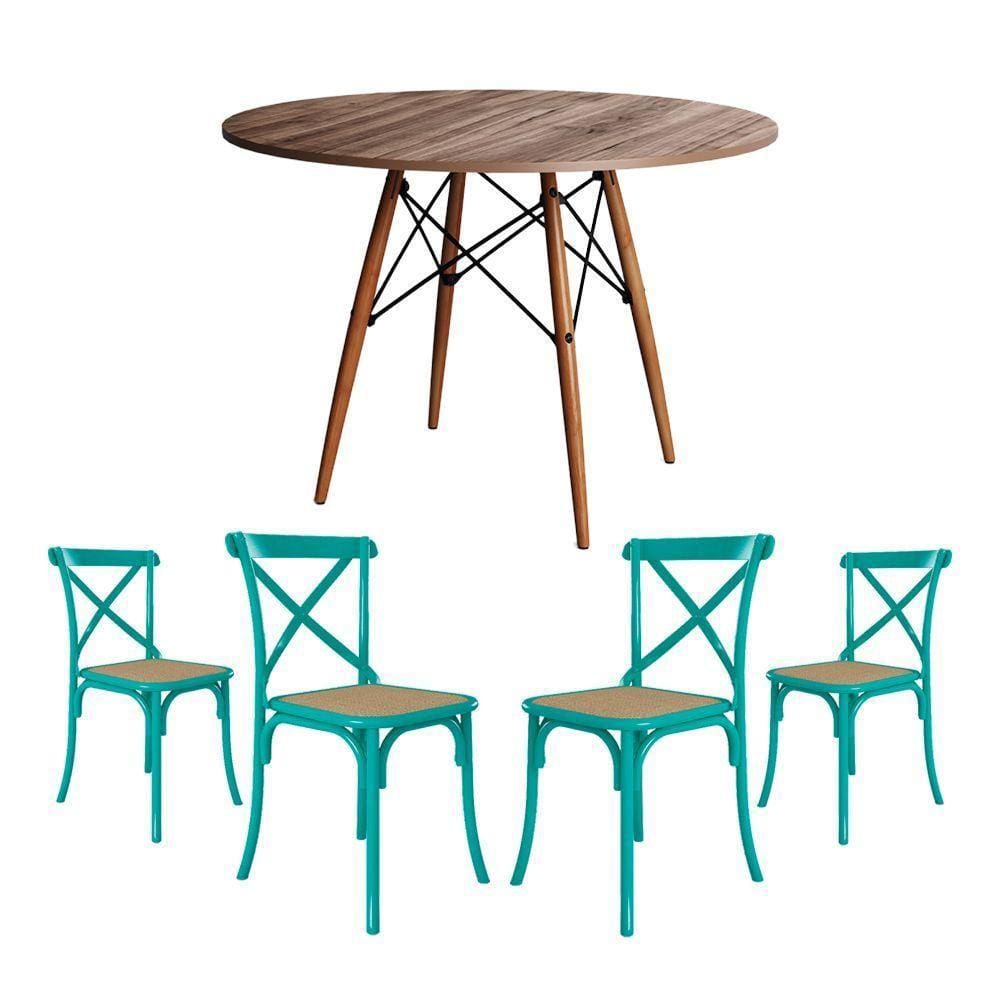 Conjunto De Mesa Eiffel Redondo Tampo De Madeira 110Cm Amêndoa Com 4 Cadeiras Katrina Azul Turquesa