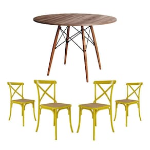 Conjunto De Mesa Eiffel Redondo Tampo De Madeira 90Cm Amêndoa Com 4 Cadeiras Katrina Amarelao