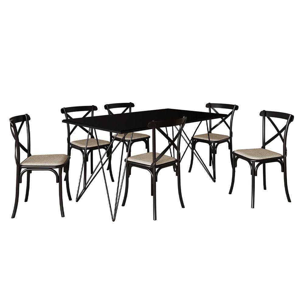 Mesa De Jantar Industrial Com 6 Cadeiras Katrina Preto Trama Premium Preto 150 Cm - Cor: Preto