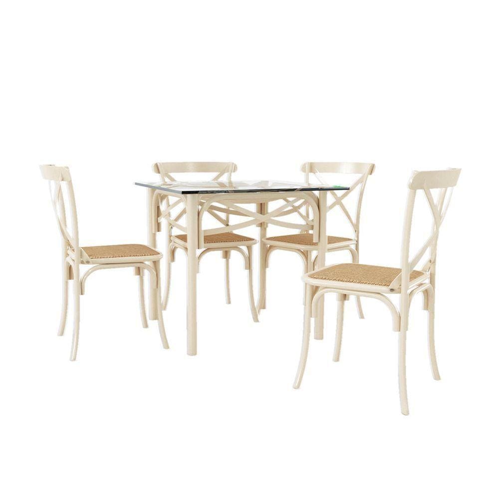 Conjunto Katrina Off White 4 Cadeiras Tampo De Madeira Quadrado 90 Cm Asturias