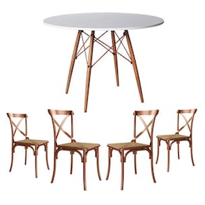 Conjunto De Mesa Eiffel Redondo Tampo De Madeira 110Cm Branco Com 4 Cadeiras Cobre - Branco