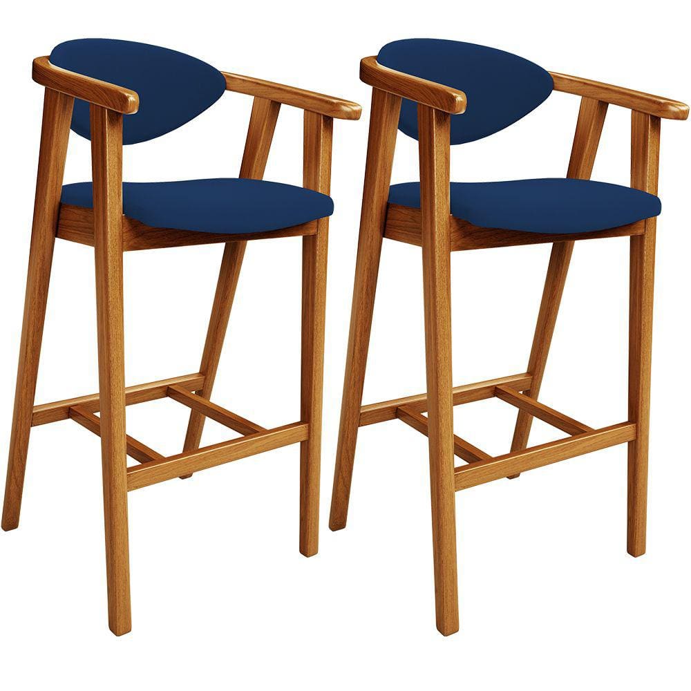 Kit 02 Banquetas Alta Cozinha Bancada Bar Sala de Jantar Fixa Cecília L02 Suede Azul Marinho - Lyam