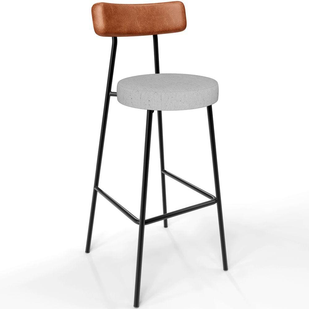 Banqueta Alta Bar Cozinha Sala De Jantar Aço Milão L02 Couríssimo Camel Linho Cinza - Lyam Decor