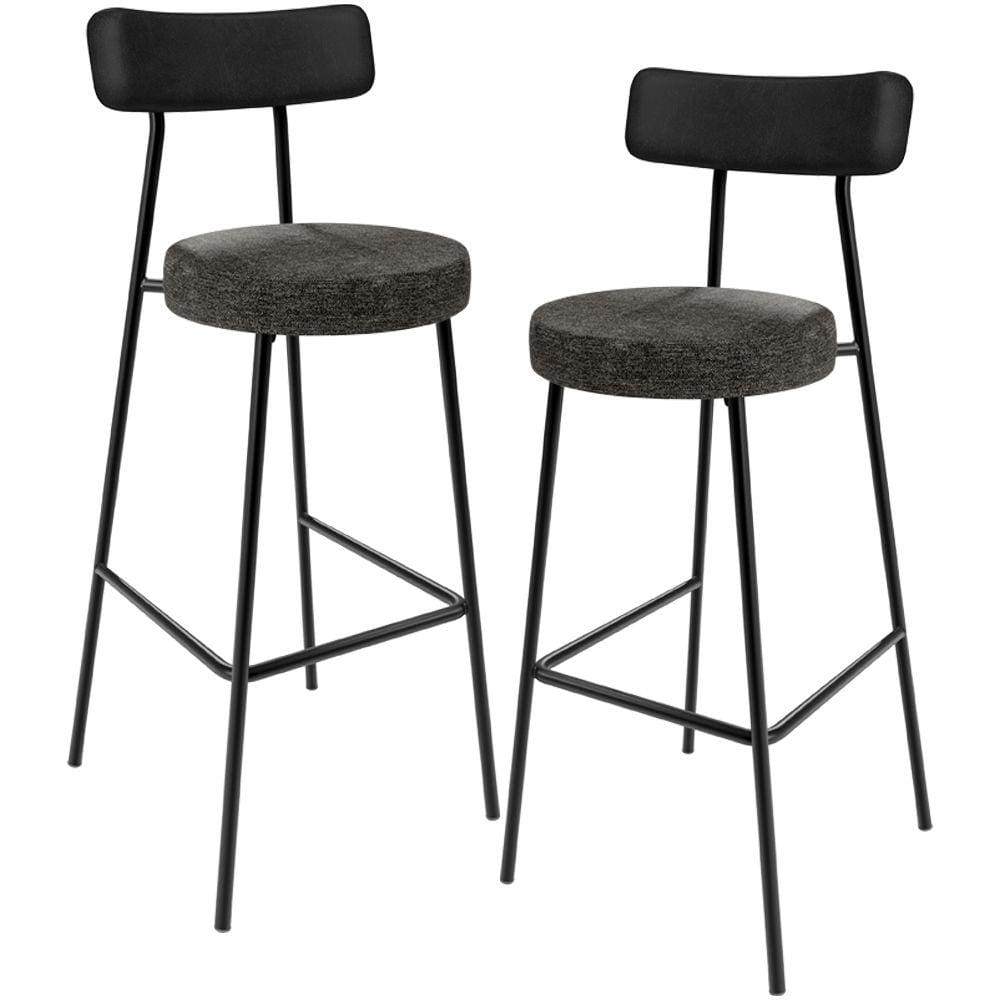 Kit 02 Banquetas Alta Bar Cozinha Sala De Jantar Milão L02 Couríssimo Preto Linho Chumbo - Lyam Decor