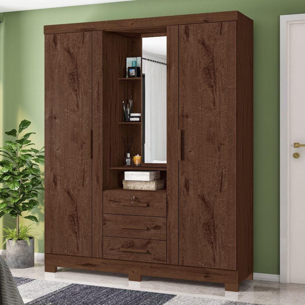 Guarda Roupa Solteiro 3 Portas 3 Gavetas Capelinha Premium Jacarandá