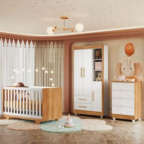 Quarto de Bebê Completo com Cômoda Berço e Guarda Roupa 100% MDF Nina Branco/Amadeirado