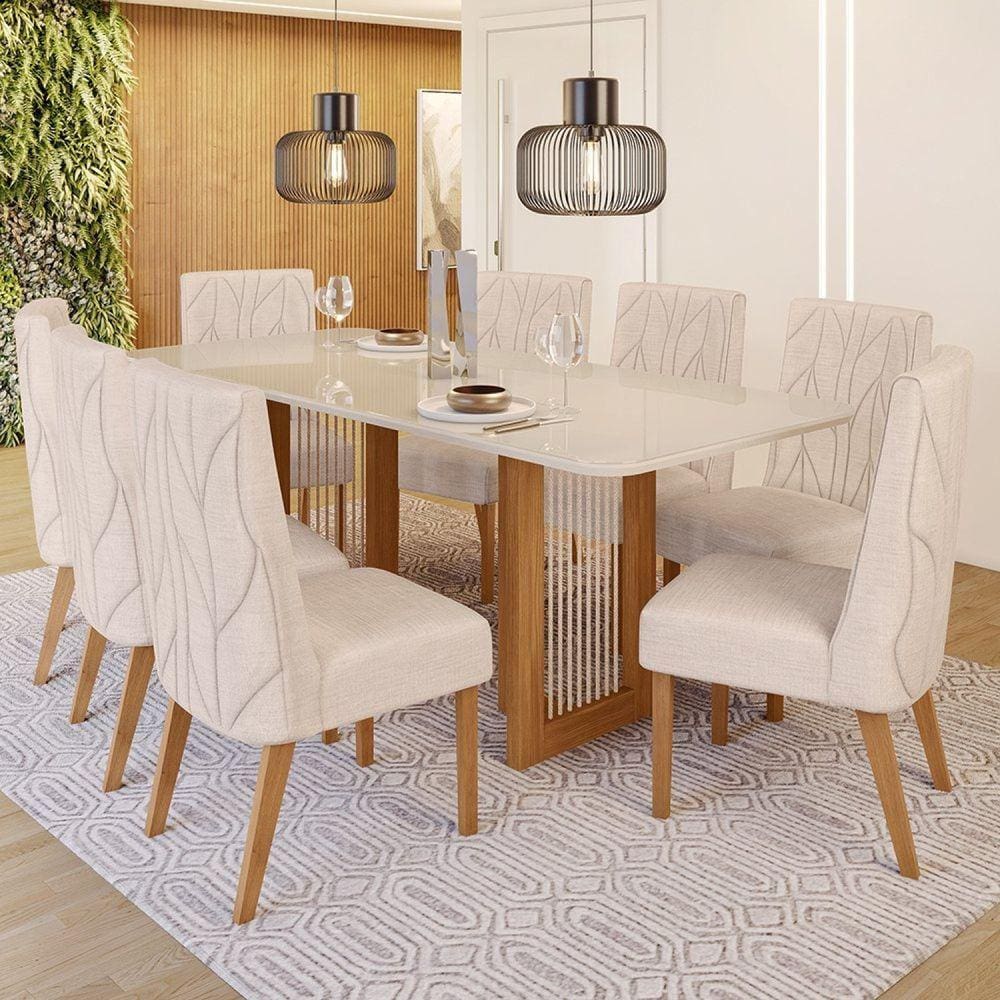 Conjunto Sala de Jantar Tampo Mdf/Vidro 8 Cadeiras Michelle Marrom/Off White/Linho