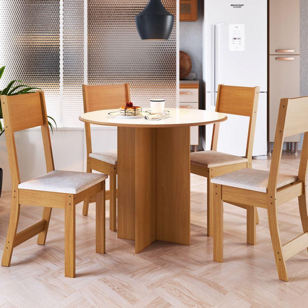 Conjunto Sala Jantar 4 Lugares Mesa Redonda 90cm Freijo Off White