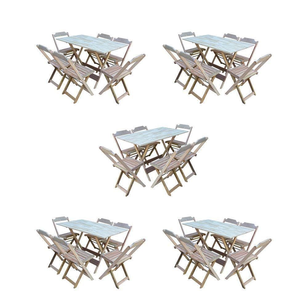 Kit 5 Conjuntos De Mesa Dobravel Com 6 Cadeiras De Madeira 120X70 Para Restaurante E Bar- Sem Pintur