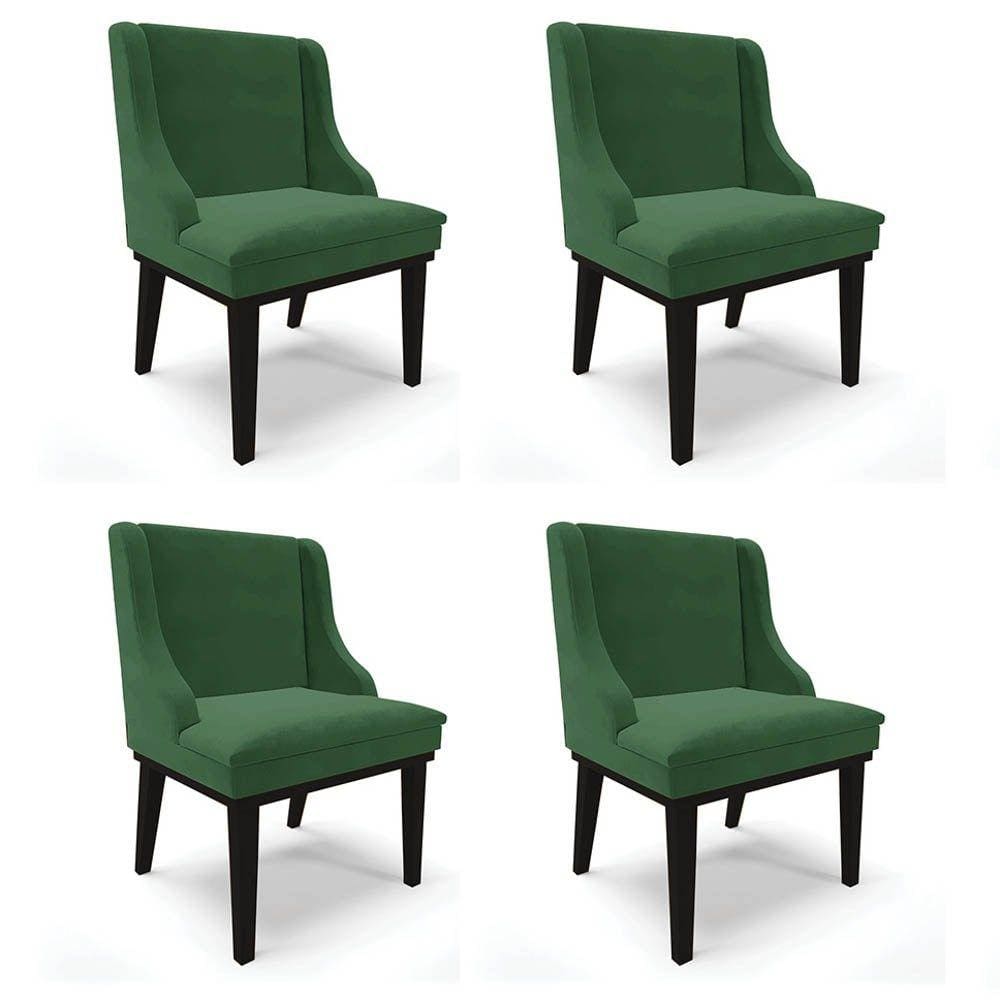 Kit 4 Cadeiras Estofadas para Sala de Jantar Base Fixa de Madeira Preto Lia Veludo Verde - Ibiza
