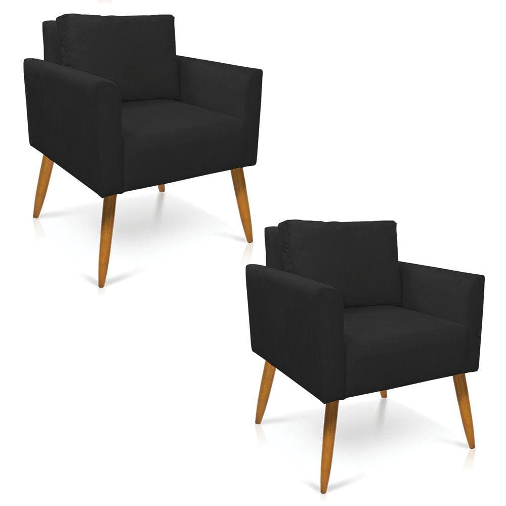 Kit 2 Poltronas Aline Suede Preto Pés Palito Castanho - D`Rossi