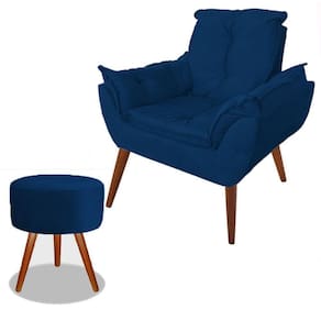 Poltrona Opalla Suede Azul Marinho Pés Palito Com Puff Banco