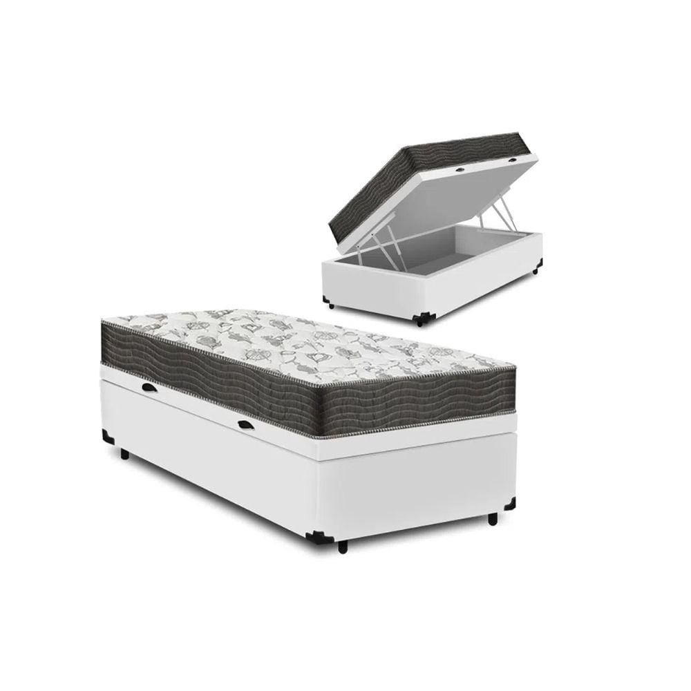 Cama Box Baú Solteiro Conforto Sintético Branco + Colchão Solteiro Conforto Espuma D33 Com EPS 16x88x188