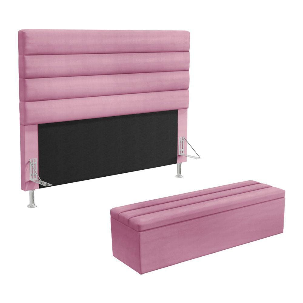 Cabeceira Atlas e Calçadeira Baú Ursa 140 para Cama de Casal Z-009 Sued Rosê Aradecor